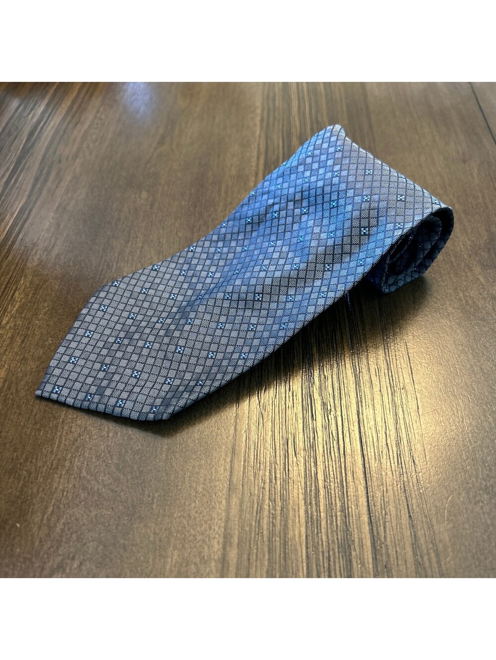 Cole Haan Men’s Woven Silk Tie Blue Gray Geometric Check Classic Necktie